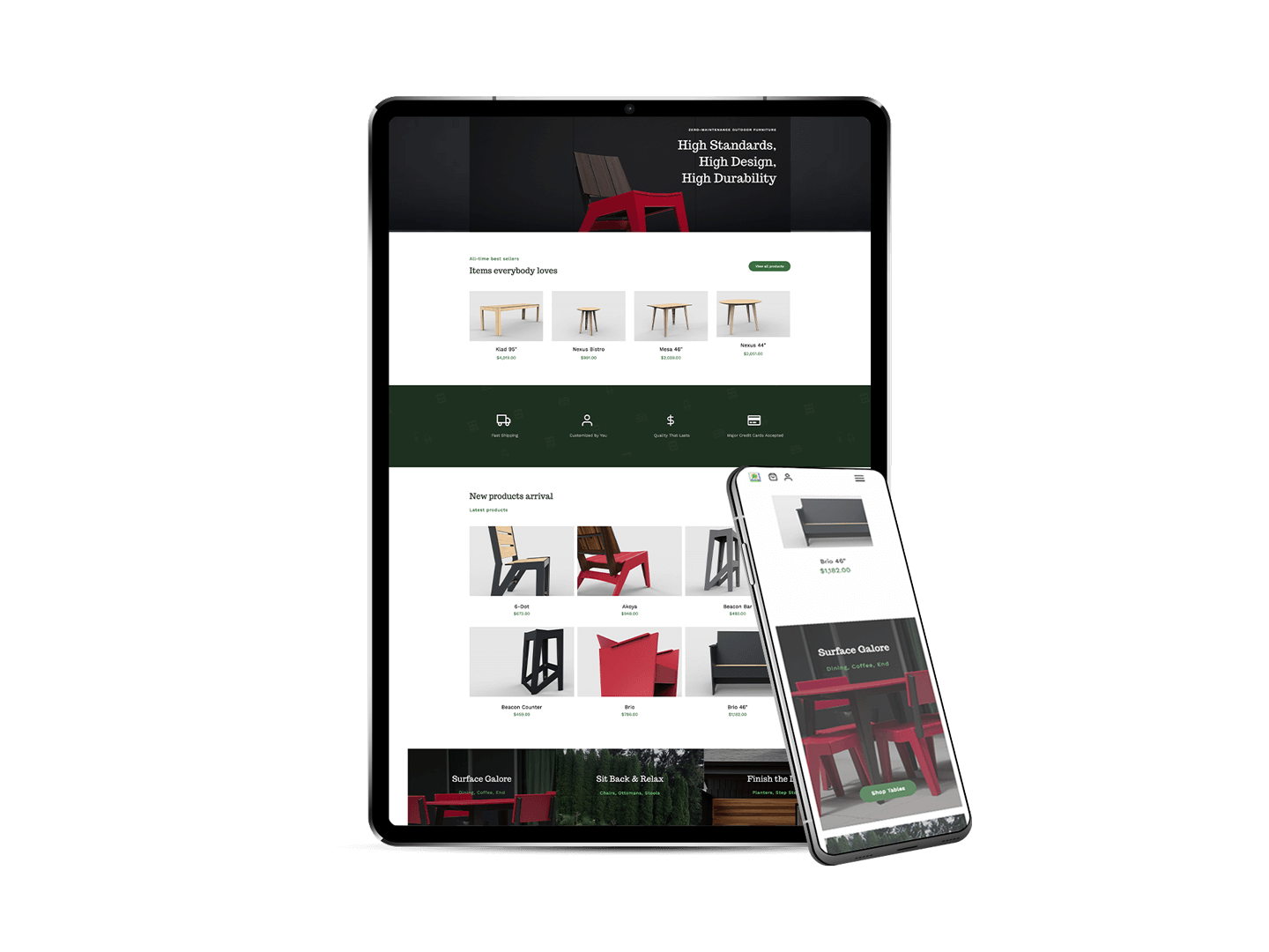 Full ecommerce site complete with subscription shipping and variations for custom furniture